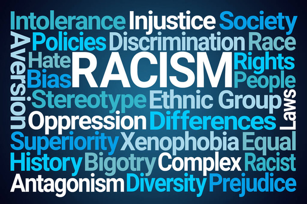Racismo Nube de palabras sobre fondo azul - Foto, Imagen