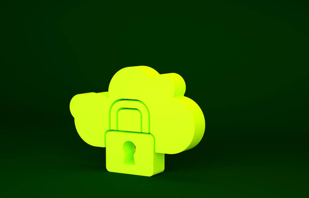 Yellow Cloud computing lock icon isolated on green background. Security, safety, protection concept. Protection of personal data. Minimalism concept. 3d illustration 3D render. - Photo, Image