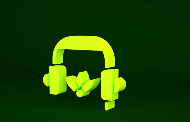 Gele hoofdtelefoon voor meditatie icoon geïsoleerd op groene achtergrond. Minimalisme concept. 3d illustratie 3D renderen. - Foto, afbeelding