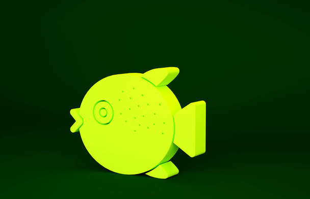 Κίτρινη εικόνα ψαριού Puffer απομονώνεται σε πράσινο φόντο. Γιαπωνέζικο ψάρι Fugu puffer. Μινιμαλιστική έννοια. 3d απεικόνιση 3D καθιστούν. - Φωτογραφία, εικόνα