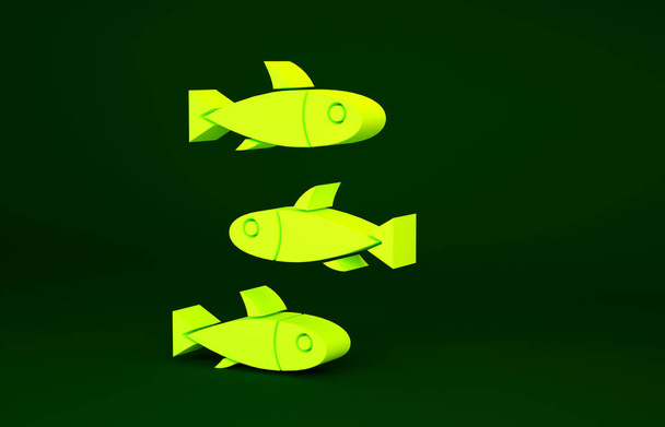 Желтые рыбы значок изолирован на зеленом фоне. Концепция минимализма. 3D-рендеринг. - Фото, изображение