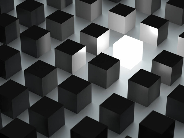 Conceito de individualidade, um cubo brilhante entre cubos cinzentos - Foto, Imagem