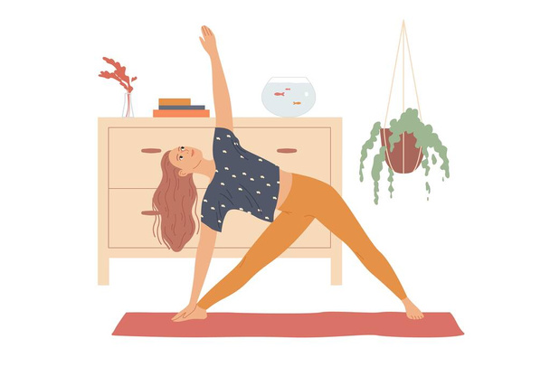 Женщина выполняет упражнения йоги, наклоняясь в сторону и поднимая руку - треугольная поза, три угла или Триконасана. - Вектор,изображение