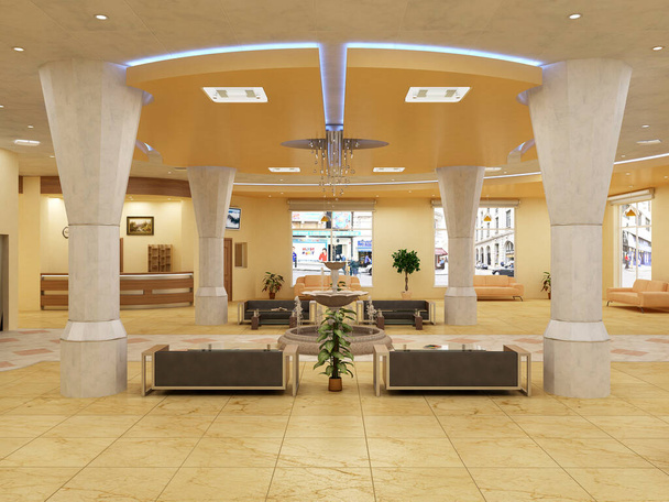 3D-рендеринг вестибюля отеля. - Фото, изображение