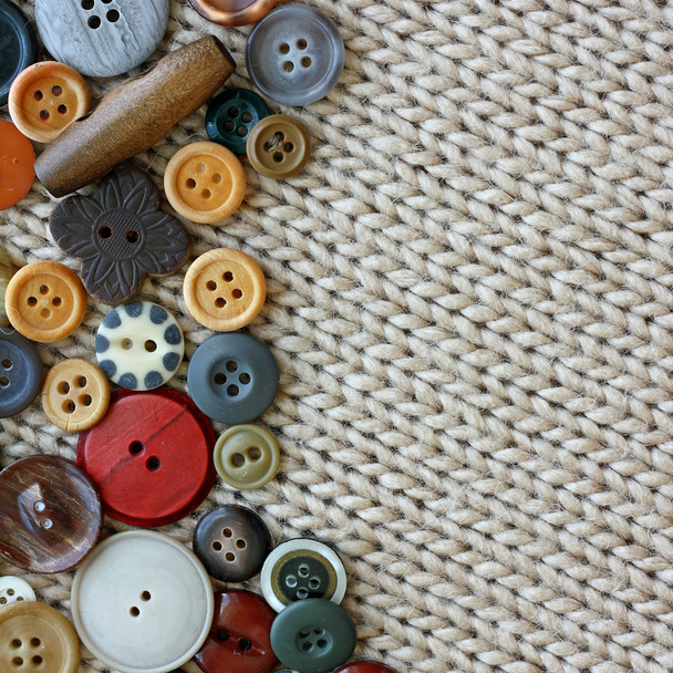 Vintage Sewing Buttons Framing Fabric Square Background - Photo, Image