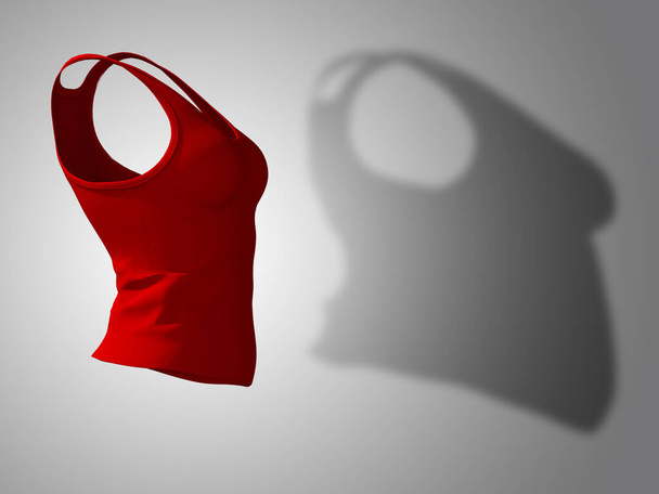 Conceptual fat overweight obese shadow female undershirt vs slim fit healthy body after weight loss or diet thin young woman on red. A fitness, nutrition or obesity health shape 3D illustration - Photo, Image