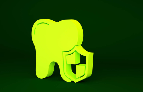 Yeşil arkaplanda sarı diş koruma simgesi izole edildi. Kalkan logosunda diş. Minimalizm kavramı. 3d illüstrasyon 3B canlandırma. - Fotoğraf, Görsel
