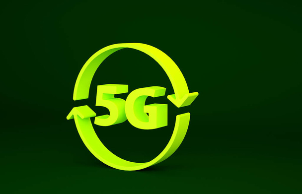 Жовтий 5G новий бездротовий інтернет Wi-Fi значок з'єднання ізольовані на зеленому фоні. Глобальна мережа технології високошвидкісного з'єднання даних швидкості. Концепція мінімалізму. 3D ілюстрація 3D рендеринга
. - Фото, зображення