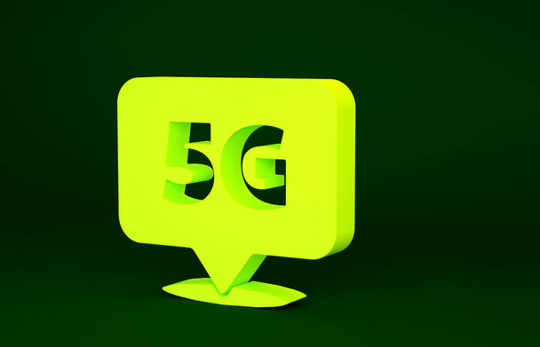 Жовте місце розташування 5G новий бездротовий інтернет Wi-Fi значок ізольовано на зеленому фоні. Глобальна мережа технології високошвидкісного з'єднання даних швидкості. Концепція мінімалізму. 3D ілюстрація 3D рендеринга
. - Фото, зображення