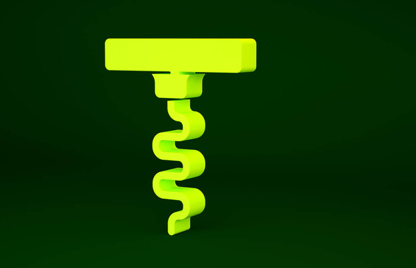 緑の背景に隔離された黄色のワインのコルクねじアイコン。最小限の概念。3Dイラスト3Dレンダリング. - 写真・画像