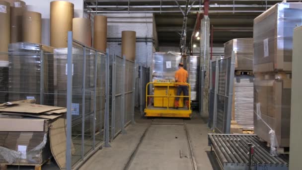 Enterprise voor de productie van kartonnen containers. Verrijdbare transportband met kartonnen dozen langs de gang op de werkplek. Eindproduct magazijn. - Video