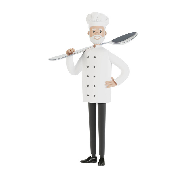 Chef con una cuchara grande. Ilustración 3D en estilo de dibujos animados. - Foto, imagen