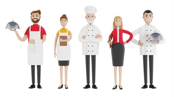 Personale del ristorante: chef, cuoco, assistente, manager, cameriere. Professionisti di catering in uniforme. Illustrazione 3D in stile cartone animato. - Foto, immagini