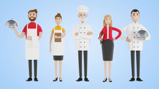 Personel restauracji: kucharz, kucharz, asystent, menadżer, kelner. Pracownicy cateringu w mundurach. Ilustracja 3D w stylu kreskówki. - Zdjęcie, obraz