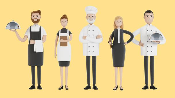 Étterem személyzet: szakács, szakács, asszisztens, menedzser, pincér. Egyenruhás vendéglátók. 3D illusztráció rajzfilm stílusban. - Fotó, kép