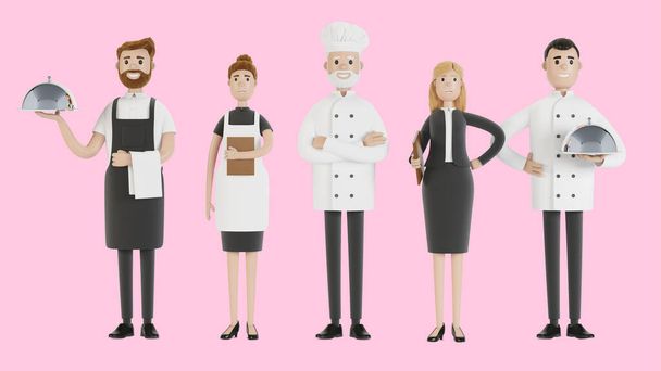 Étterem személyzet: szakács, szakács, asszisztens, menedzser, pincér. Egyenruhás vendéglátók. 3D illusztráció rajzfilm stílusban. - Fotó, kép