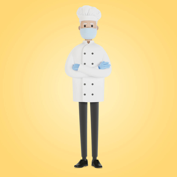 Chef con máscara y guantes. Ilustración 3D en estilo de dibujos animados. - Foto, imagen