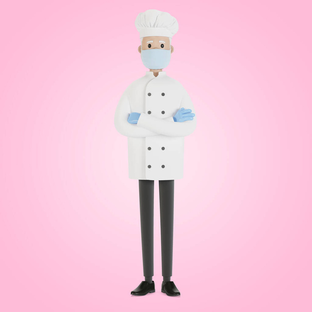 Chef usando uma máscara e luvas. Ilustração 3D em estilo cartoon. - Foto, Imagem