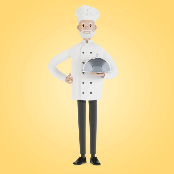 El chef tiene una bandeja de plata. Ilustración 3D en estilo de dibujos animados. - Foto, imagen