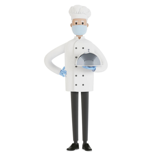El chef tiene una bandeja de plata. Ilustración 3D en estilo de dibujos animados. - Foto, Imagen