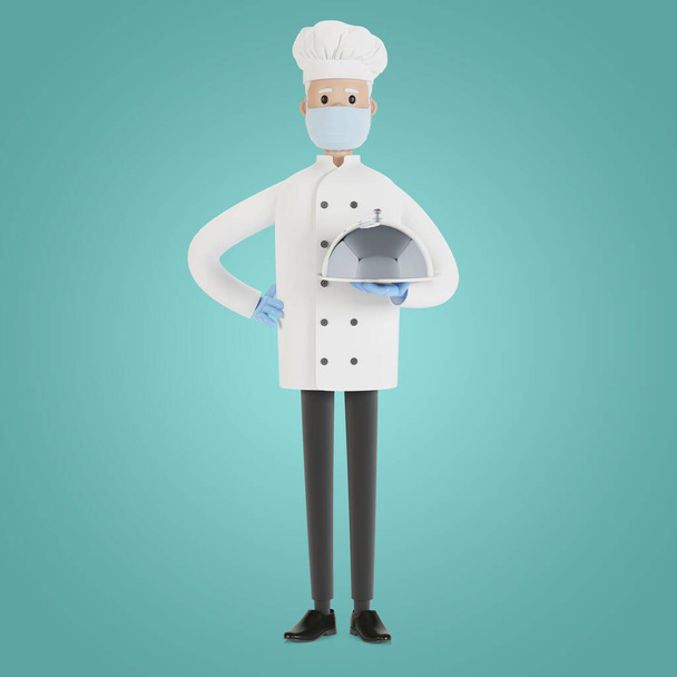 The chef is holding a silver food tray. 3D illustration in cartoon style. - Photo, Image