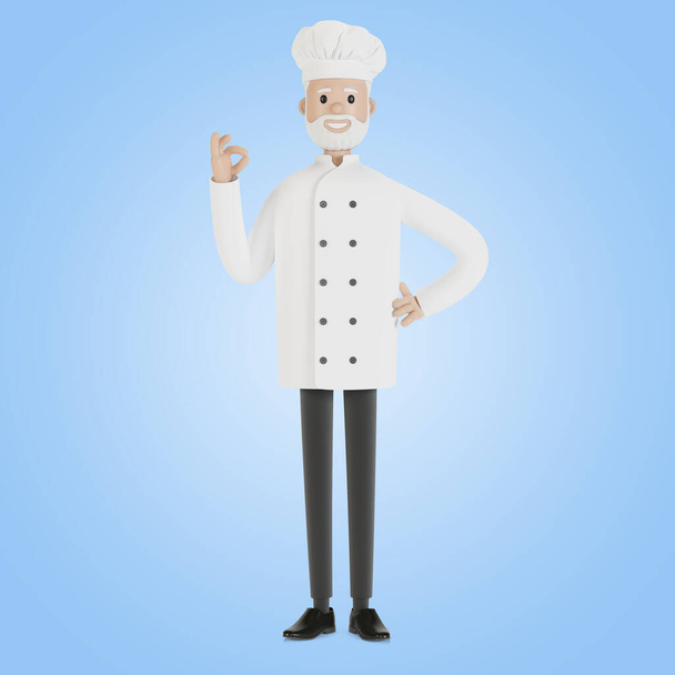 A séf teszi a gesztus a tökéletes étel. 3D illusztráció rajzfilm stílusban. - Fotó, kép