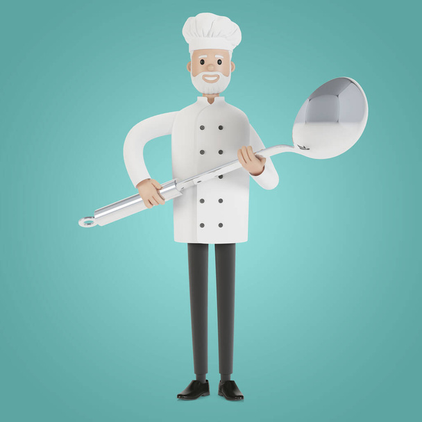 Chef com uma grande concha. Ilustração 3D em estilo cartoon. - Foto, Imagem