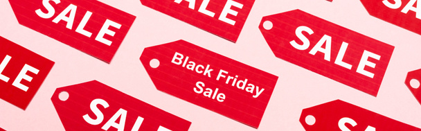 website header of labels with sale and black friday lettering on pink - Photo, Image