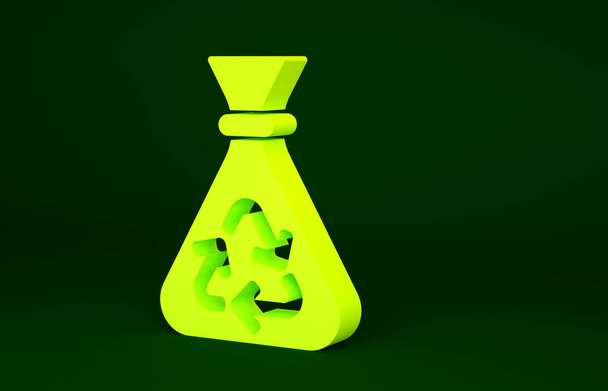 Gelber Müllsack mit Recycling-Symbol auf grünem Hintergrund. Mülleimer-Symbol. Papierkorb-Schild. Minimalismus-Konzept. 3D Illustration 3D Renderer. - Foto, Bild