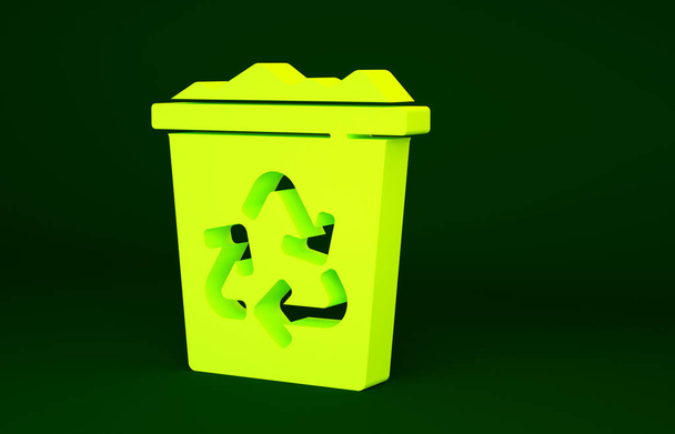 Żółty kosz na śmieci z ikoną symbolu recyklingu na zielonym tle. Ikona kosza na śmieci. Znak śmietnika. Znak kosza na śmieci. Koncepcja minimalizmu. Ilustracja 3D 3D renderowania. - Zdjęcie, obraz