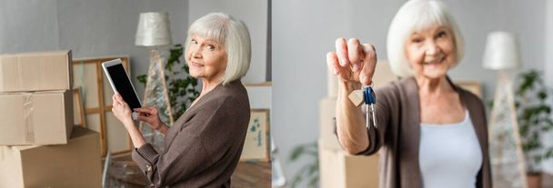 Elinde dijital tablet olan yaşlı bir kadının kolajı boş ekranla geriye bakıyor ve anahtarları tutuyor, konsepti hareket ettiriyor. - Fotoğraf, Görsel