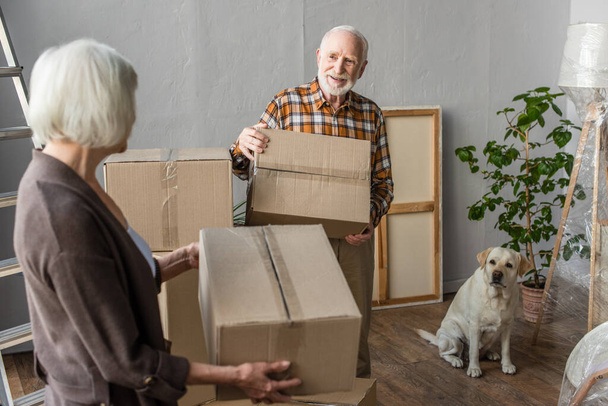 Seniorenpaar hält Pappkartons in neuem Haus, während Hund in der Nähe sitzt - Foto, Bild