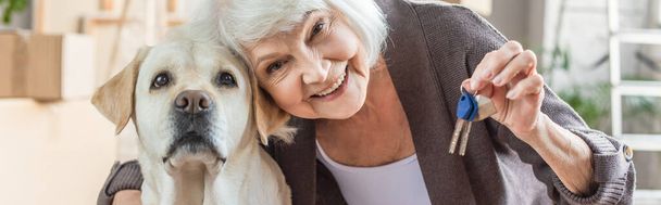 panoramic shot of smiling senior woman embracing dog and holding keys, moving concept - Fotoğraf, Görsel