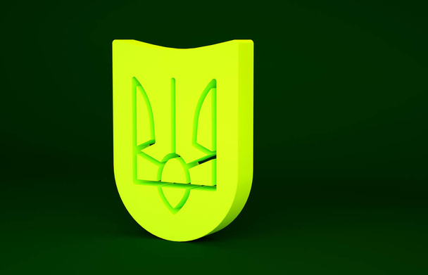 Gelbes Nationalwappen der Ukraine auf grünem Hintergrund. Ukrainischer Dreizack. Minimalismus-Konzept. 3D Illustration 3D Renderer. - Foto, Bild