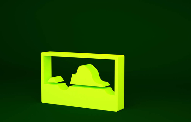 Icono de ecualizador de onda de música amarilla aislado sobre fondo verde. Onda de sonido. Tecnología de ecualizador digital de audio, panel de consola, pulso musical. Concepto minimalista. 3D ilustración 3D render. - Foto, Imagen