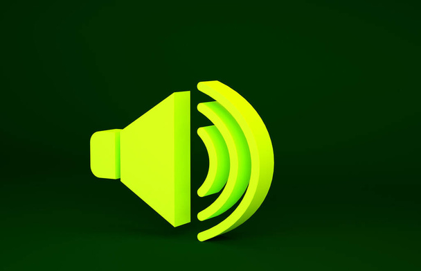 黄色のスピーカーボリューム、オーディオ音声サウンドシンボル、緑の背景に隔離されたメディア音楽アイコン。最小限の概念。3Dイラスト3Dレンダリング. - 写真・画像