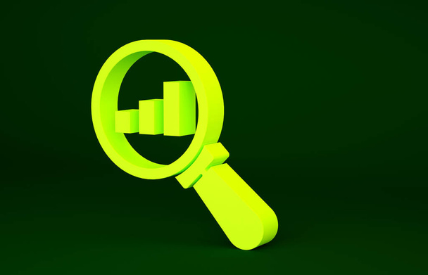 Gele vergrootglas en data-analyse pictogram geïsoleerd op groene achtergrond. Minimalisme concept. 3d illustratie 3D renderen. - Foto, afbeelding