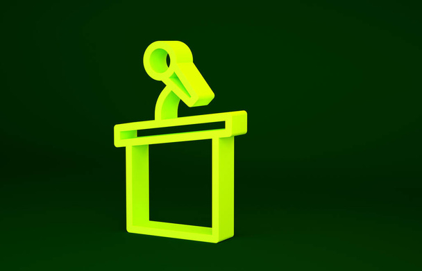 黄色のステージスタンドや議論の表彰台のロストラムアイコンは緑の背景に隔離された。会議のスピーチ・トリビューン。最小限の概念。3Dイラスト3Dレンダリング. - 写真・画像