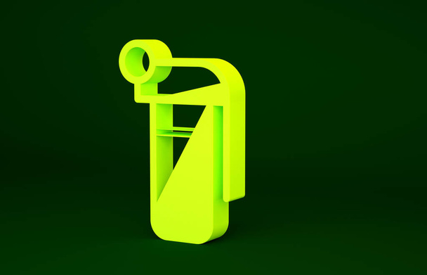 黄色の手の手榴弾のアイコンは緑の背景に隔離された。爆弾爆発だ。最小限の概念。3Dイラスト3Dレンダリング. - 写真・画像