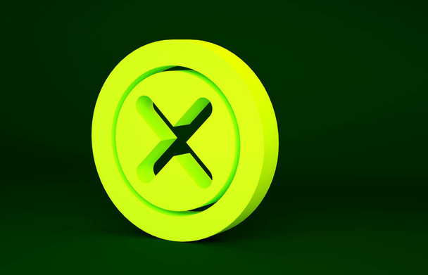Jaune X Mark, Croix en cercle icône isolée sur fond vert. Cochez l'icône croix. Concept de minimalisme. Illustration 3D rendu 3D. - Photo, image