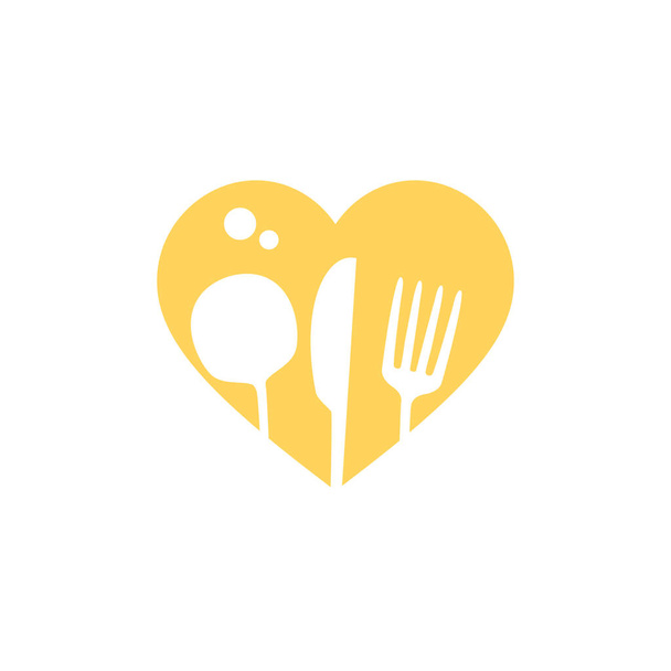 Food flat icon. Fork, spoon and knife in heart shape. Kitchen love tools vector set. - Vector, Image