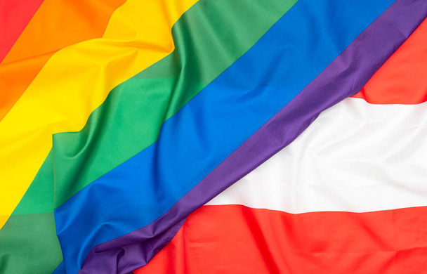 Natural fabric Flag of Austria and LGBT Rainbow flag as texture or background, concept picture about human rights - Photo, Image