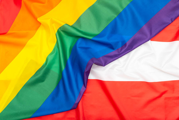 Natural fabric Flag of Austria and LGBT Rainbow flag as texture or background, concept picture about human rights - Photo, image