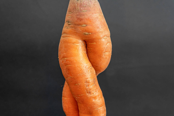 Forme (forme) drôle et inhabituelle de la carotte, comme une femme nue avec les jambes croisées - Photo, image