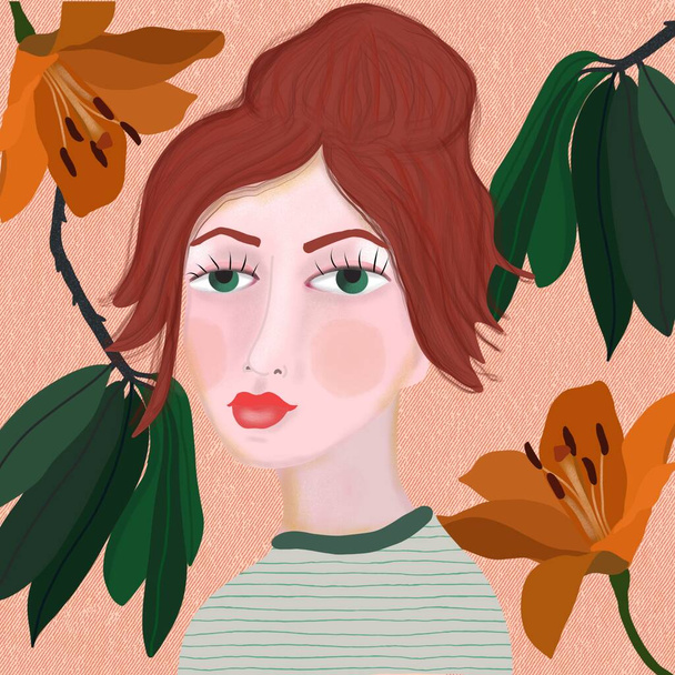 illustration with a girl in an autumn background. - Φωτογραφία, εικόνα