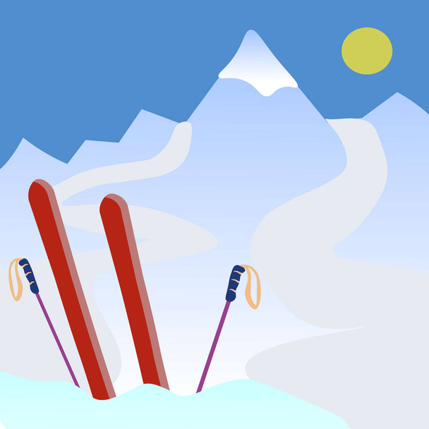 Comprensorio sciistico d'arte vettoriale con sci e montagna - Vettoriali, immagini