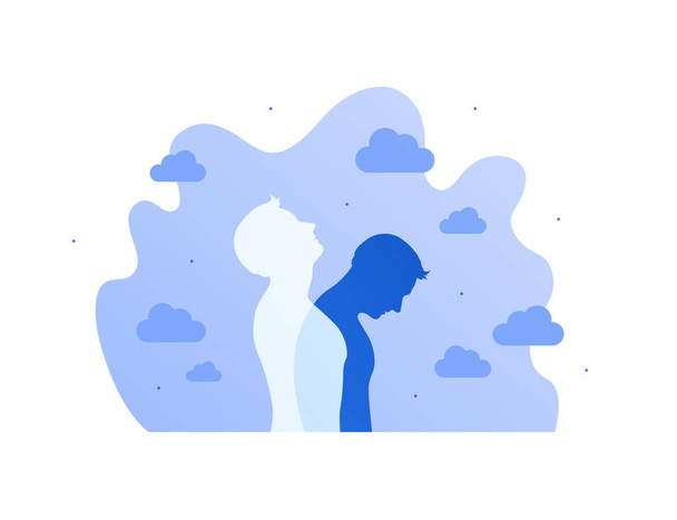 Mental help, psychotherapy and depression illness concept. Vector flat illustration. Human silhouette in hope and despair emotional pose on cloud background. Design element for psychology banner. - Vector, Image