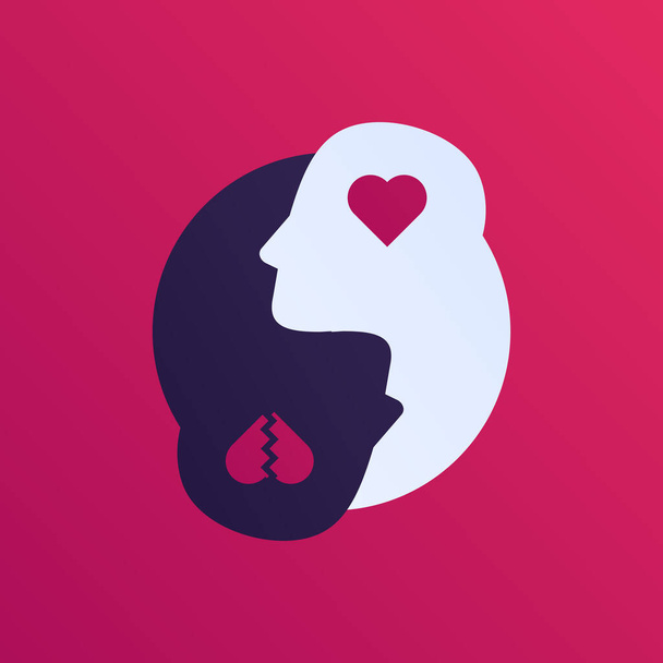 Mental help, psychotherapy and depression emotion concept. Vector flat illustration. Human head silhouette with heart broken symbol. Design element for psychology banner, poster, logo. - Vector, Image