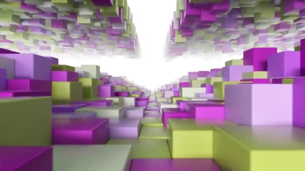 Abstract geometric tunnel made of yellow pink cubes with random movement. Seamless loop 3d render - Footage, Video
