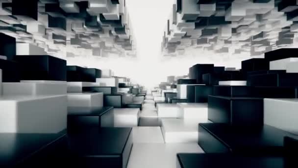 Tunnel géométrique abstrait fait de cubes noirs et blancs à mouvement aléatoire. Boucle sans couture rendu 3d - Séquence, vidéo
